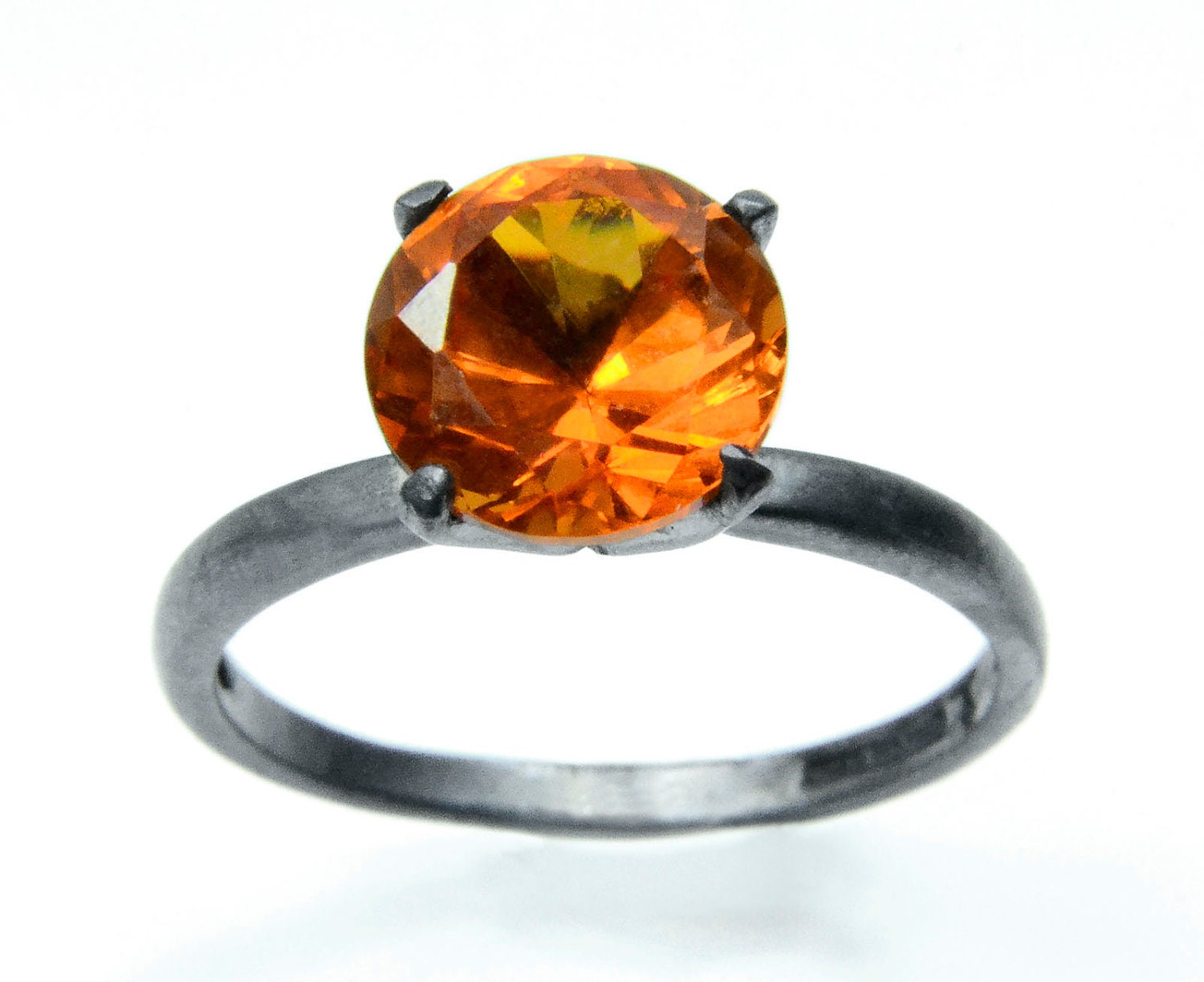 Orange Sapphire Ring in Sterling Silver, Blackened Silver Cocktail Ring with Padparadsha Sapphire - abishessentials