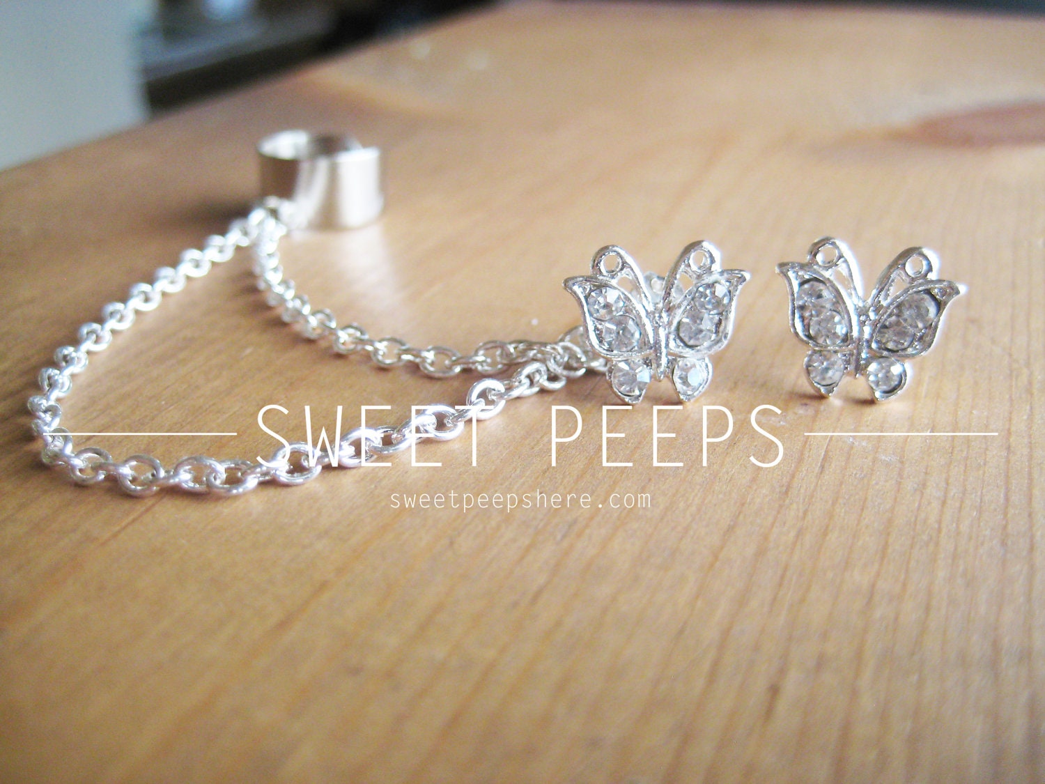 Butterfly Rhinestone Stud Ear Cuff with Silver Chainmaille