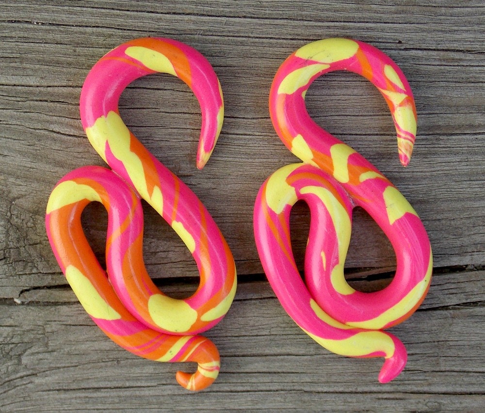 Polymer Clay Dangle Plugs Pink Orange Yellow by FateAndNecessity