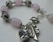 Stunning Rose Glass/stone beads Bracelet with crystal heart glitz and Glam great Christmas or Birthday gift idea
