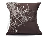Dark brown pillow case birds on tree silhouette 18x18 hand screen printed cotton