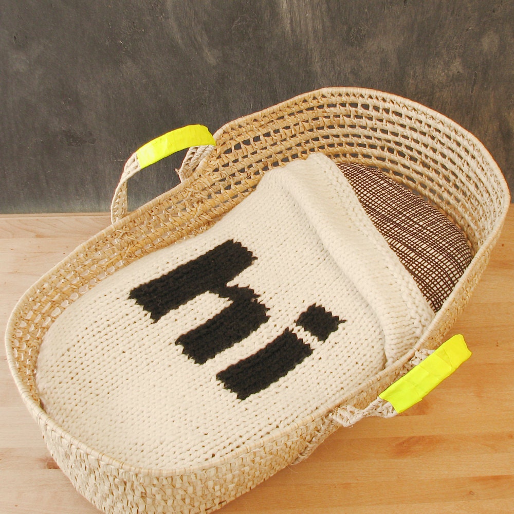 Knitted Helvetica "Hi" Baby Blanket for Bassinet, Stroller, Car Seat, or lap