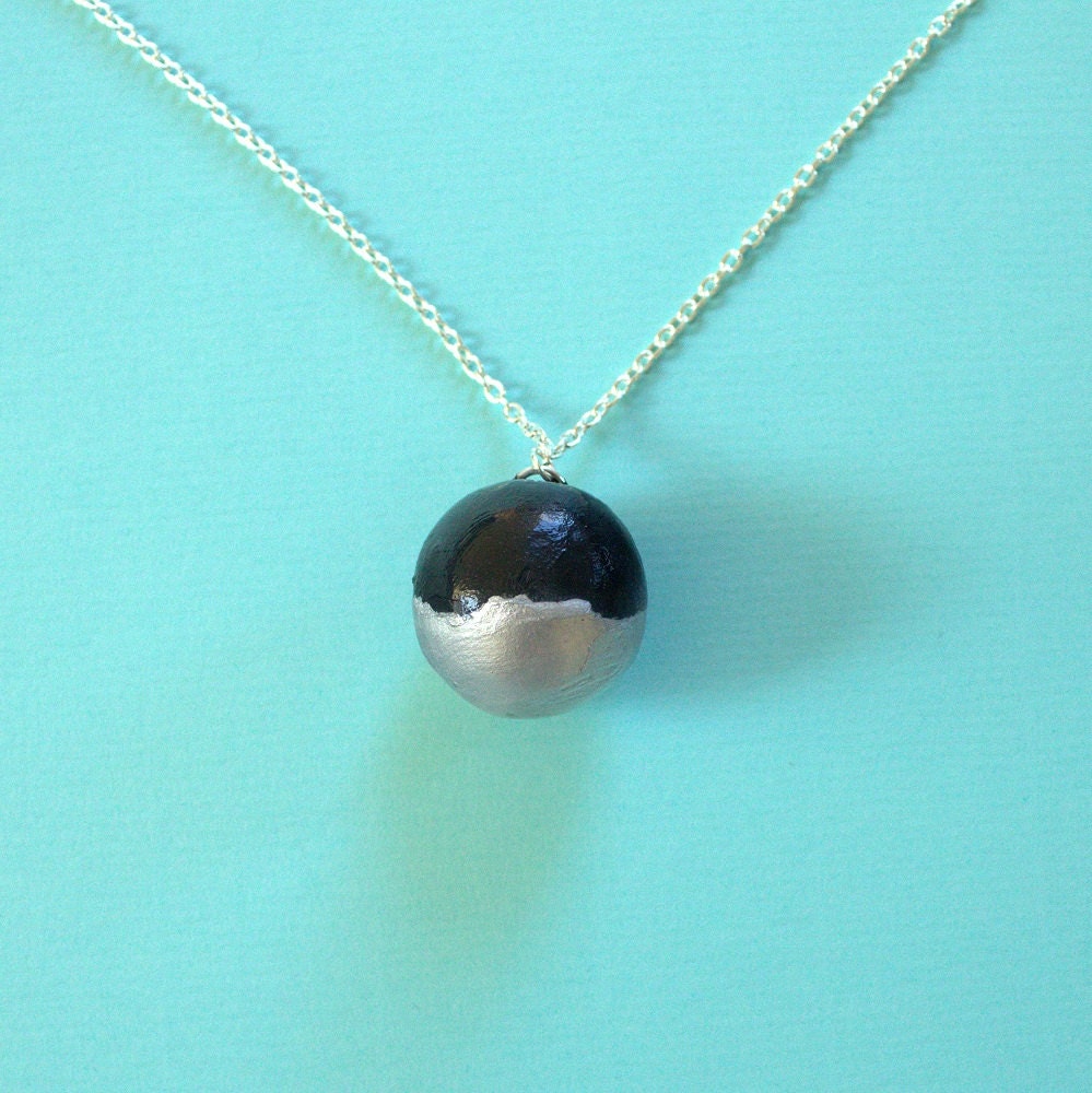 Metallic ball pendant necklace in textured silver and black OOAK