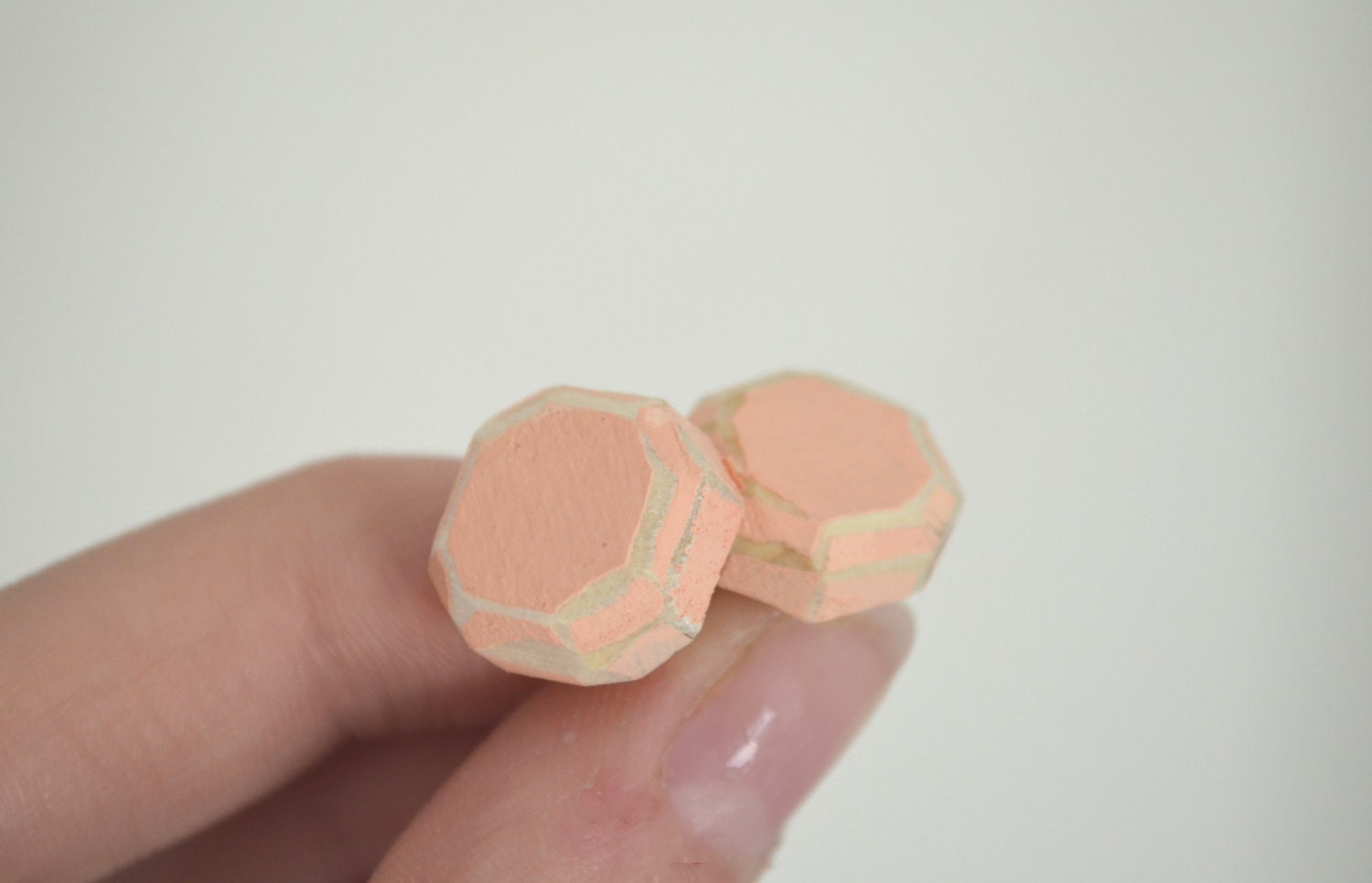 Peachy Pink Wooden Diamond Post Earrings