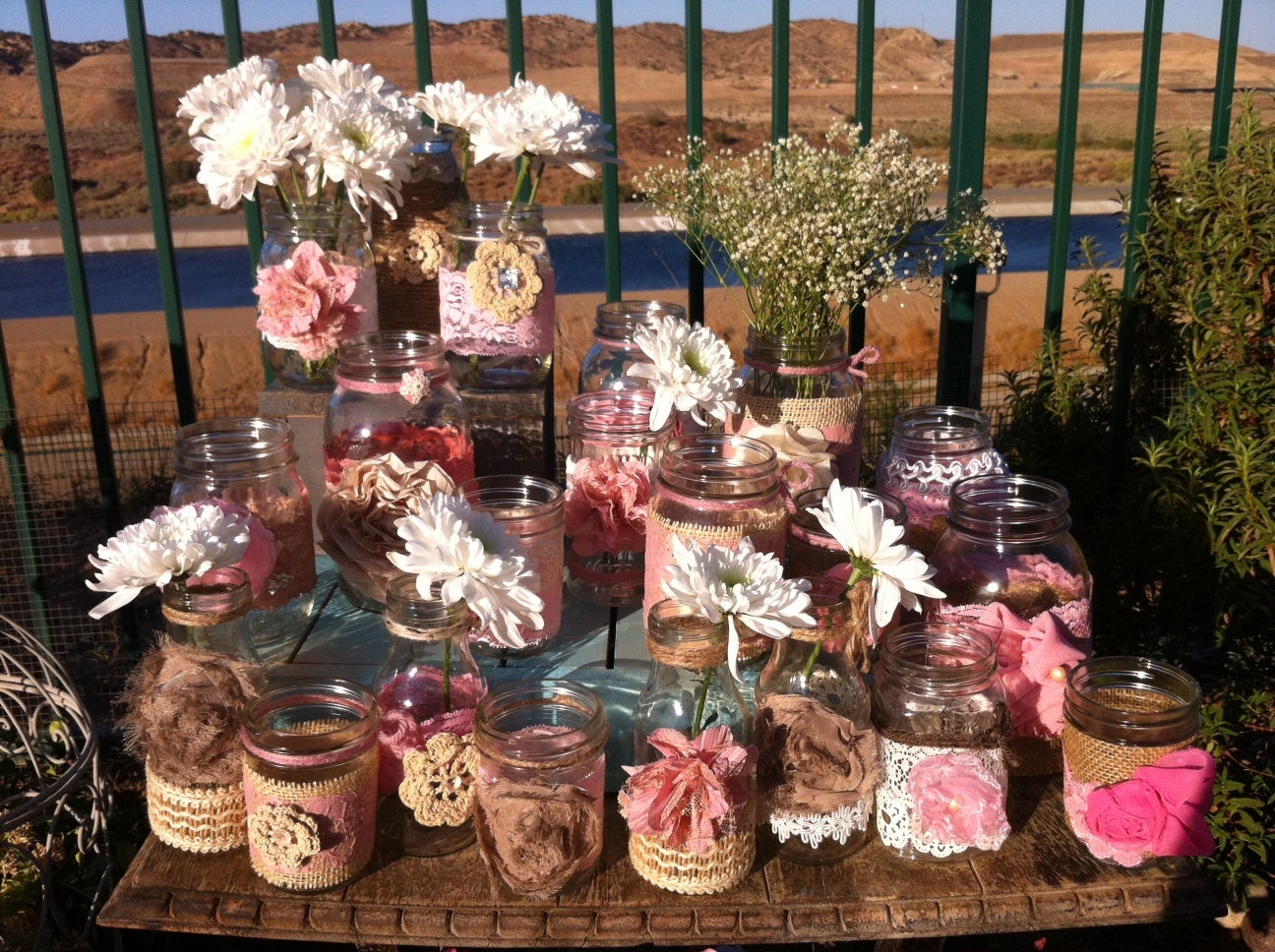 RUSTIC PINK WEDDING decor. 15 Bulk Burlap Lace Mason Jars lanterns/vases. Head Table Decor, Wedding Centerpieces Wholesale