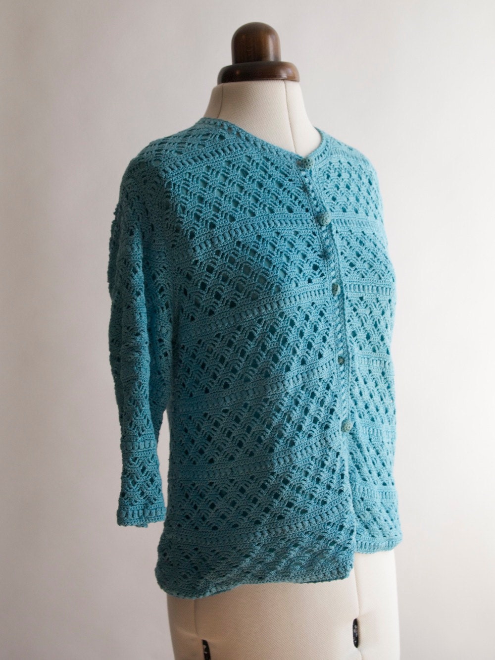 Vintage aqua turquoise blue cotton crochet cardigan jacket size 12