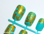 Baroque Aqua  - 12 turquoise baroque, jugendstil, art nouveau nails with golden ornaments