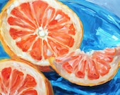 Grapefruit on Blue - Original Still Life Oil Painting 6 x 6 - AlisonKolkebeckArt