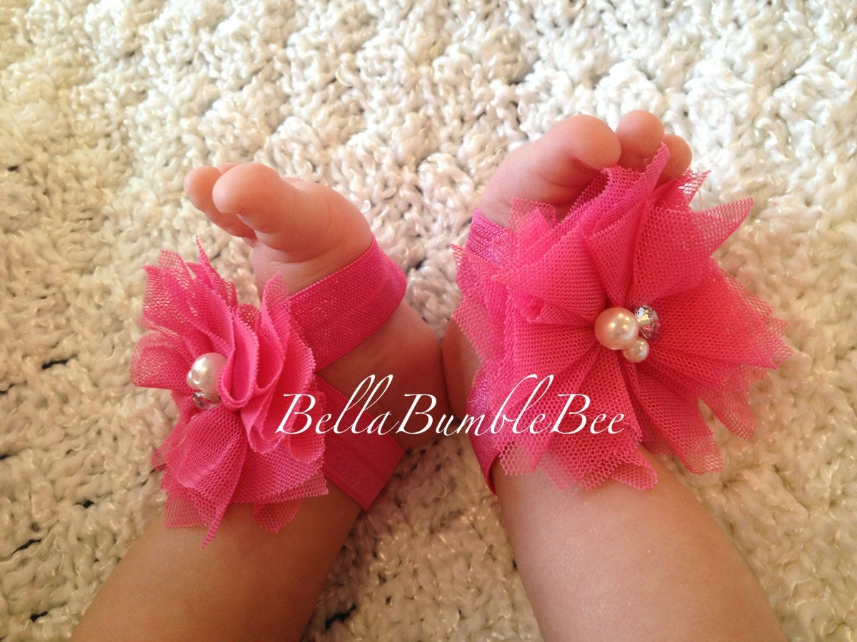 Hot Pink Baby Barefoot Tulle Flower Sandals for Newborn Infant or Toddler Girls, Shabby Booties, Bottomless Sandles Shoes