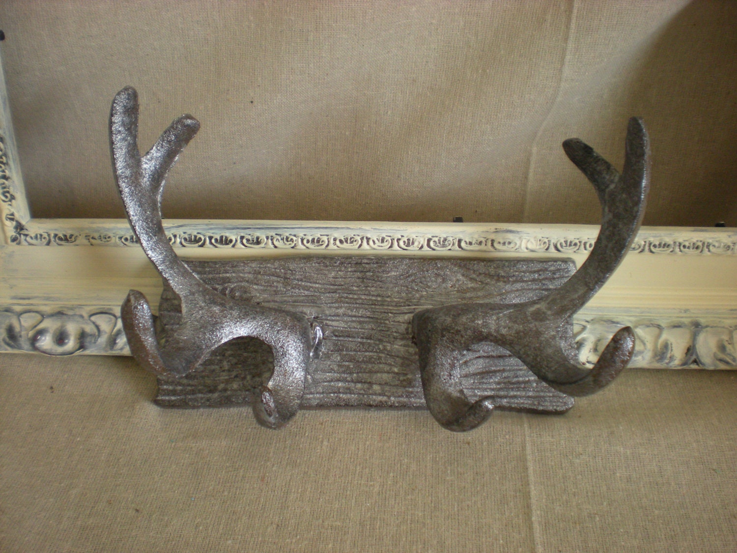 Antique Silver-Deer Antler Wall Hook-Coat Hook-Cabin Decor-Key Holder-Man Cave-Hunter-Antlers-Towel Holder-Faux Taxidermy