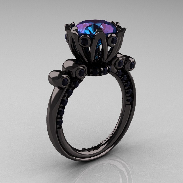 French Antique 14K Black Gold 3.0 CT Alexandrite Black Diamond Solitaire Wedding Ring Y235-14KBGBDAL