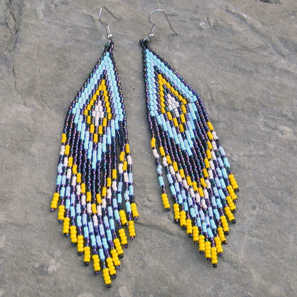 Long Native American Style Seed Bead Earrings in dark purple, blue, yellow and beige tones - peyote earrings, beaded jewelry