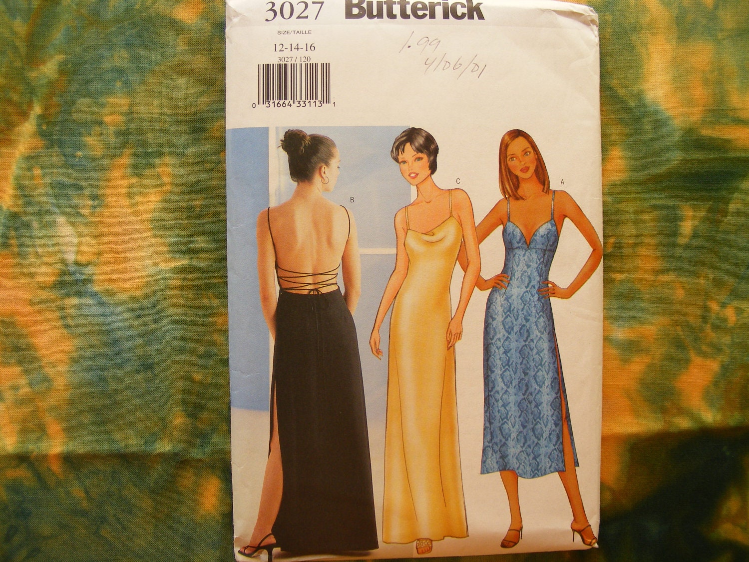 Butterick sewing pattern 3027 for misses sizes 12 - 16 evening dress in 2 lengths.