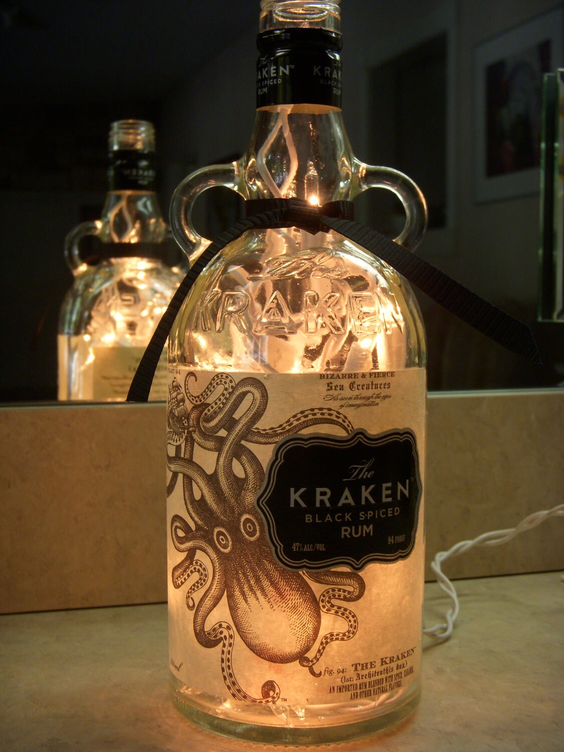 Recycled Kraken Rum Bottle Lamp With Sea Creature By Ecoartbynancy 3000 Steampunk Bathroom Rum Bottle Bottle Lamp