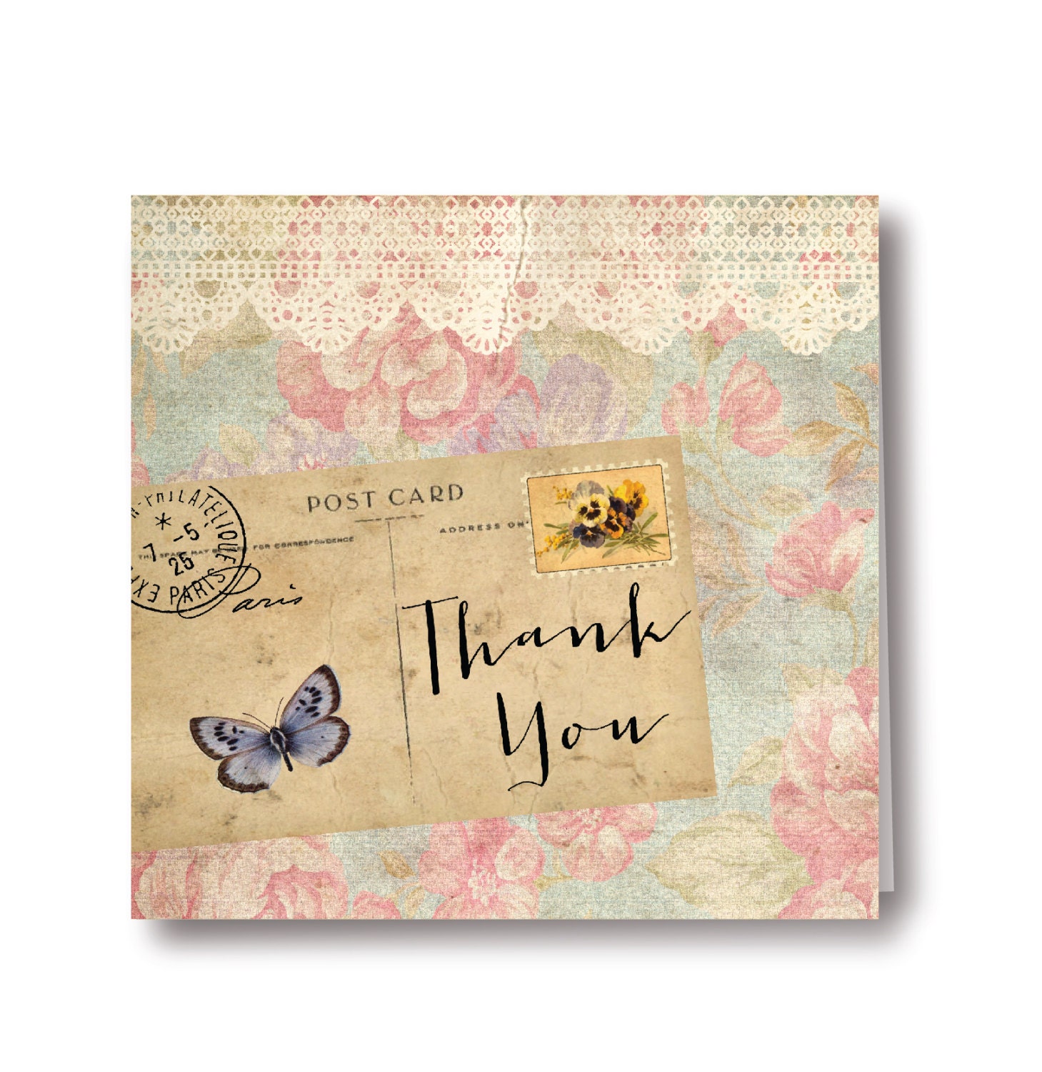 Rustic, Lace, Vintage Floral Butterfly DIY Printable Thank You Card Il_570xn
