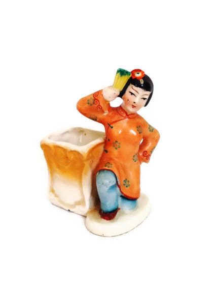 Occupied Japan Chinese Girl Figurine Brush Pot Vase Aqua Orange Darling - Comforte Occupied Japan Chinese Girl Figurine Brush Pot Vase Aqua Orange Darling - Comforte
