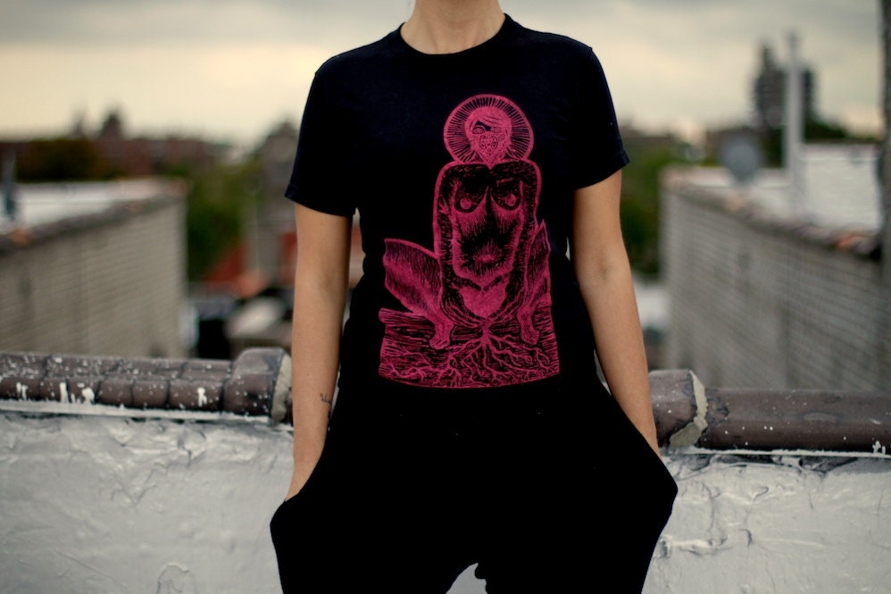 Pachamamita shirt sz M screen-printed hot pink on black