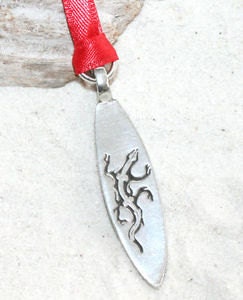 Pewter Surfboard Lizard Gecko Salamander Silver Christmas Ornament and Holiday Decoration (32H)