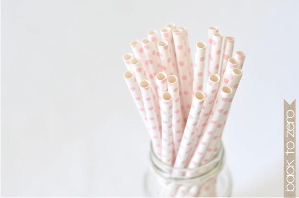Paper Straw Small Polka Dots - Pastel Pink x 25 - BacktoZero