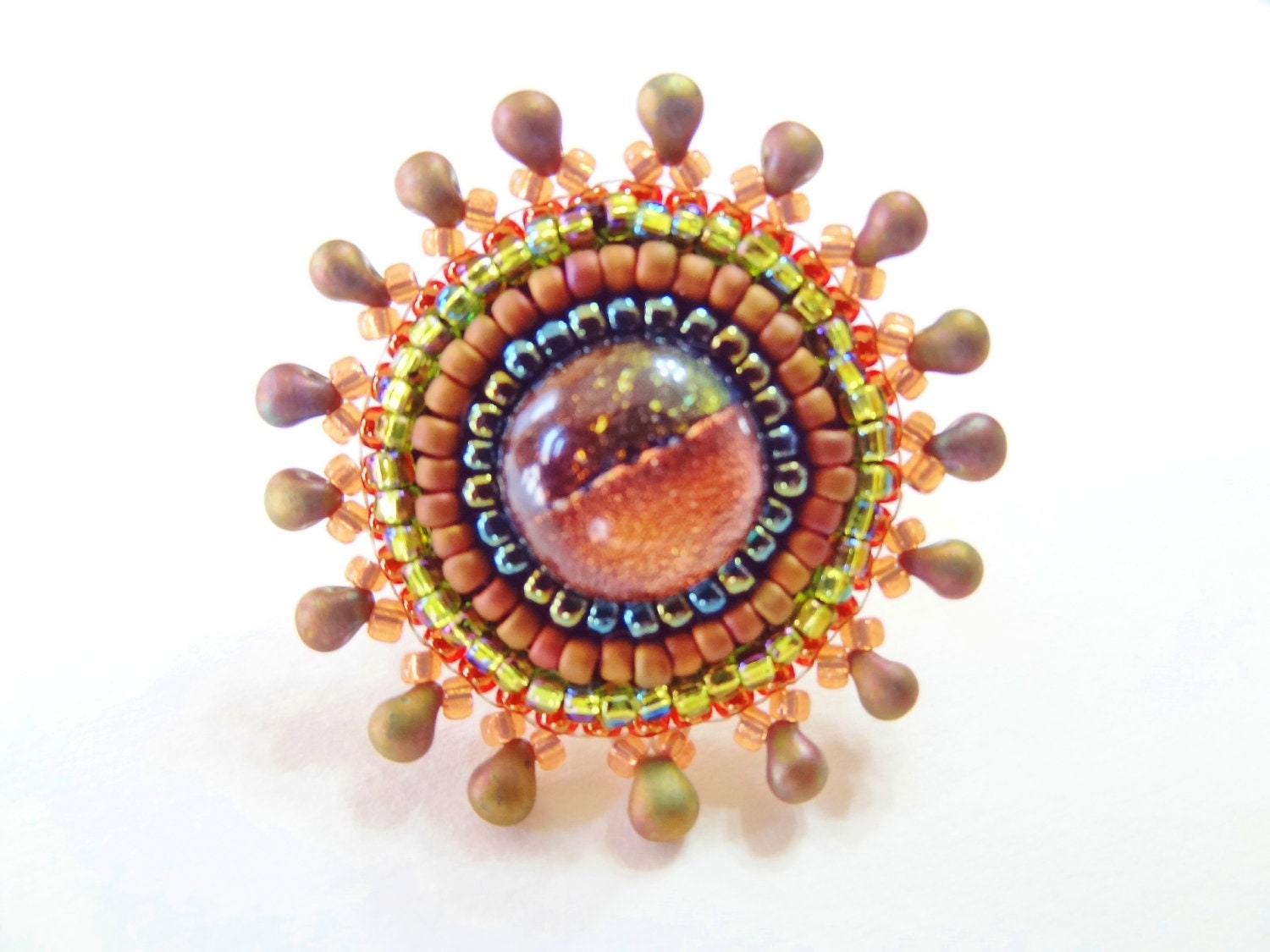 40% OFF SALE - Rings of Saturn: Bead embroidered cocktail ring with dichroic glass cabochon and seed beads