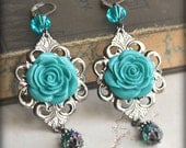 Peacock Blue Teal Gunmetal Victorian Gothic Crystal Rose Earrings/ Eyefeather