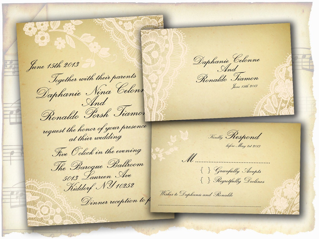 Wedding Invitation and RSVP Card Suite - Vintage Floral Lace Personalize Double Sided Print