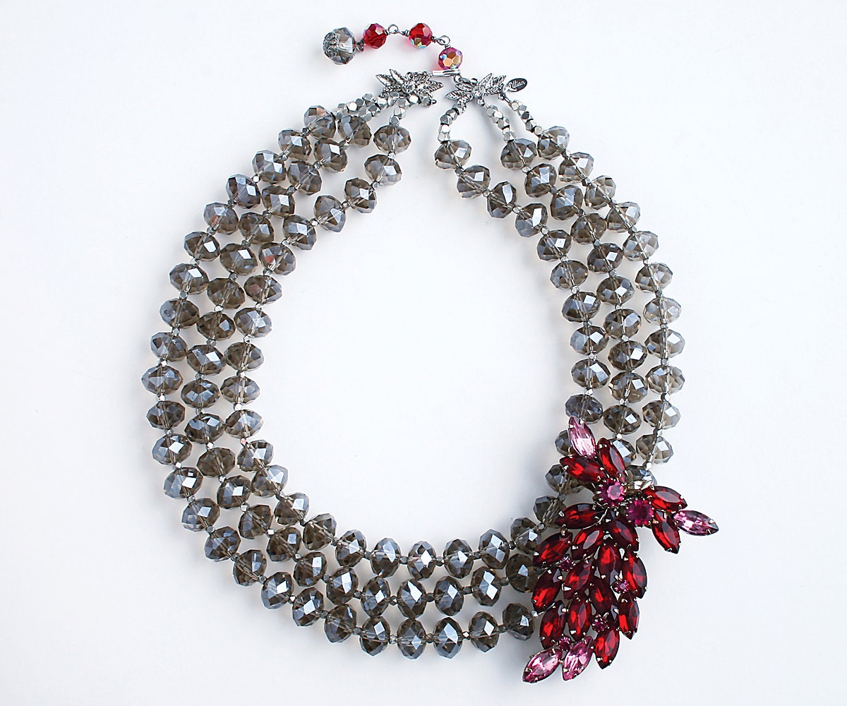 Statement Necklace Vintage Red Pink Rhinestone Owl Leaf Brooch Earrings Strand Gray Glass Beads by Lillian Fine Jewelry