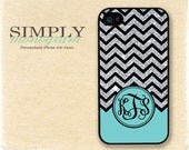 Personalized iphone 4 case - iphone 4s case - plastic or silicone rubber -  turquoise and glittery chevron monogram  ( NOT ACTUAL GLITTER )