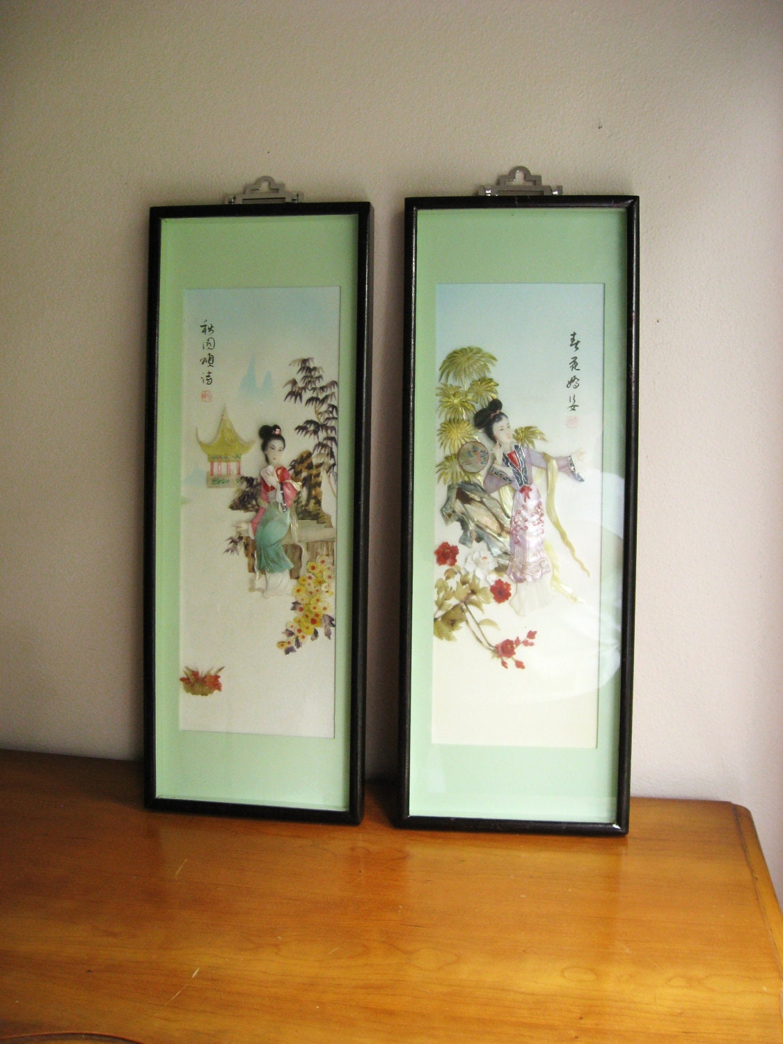 Vintage Asian Mother of Pearl Abalone Shell 3D Shadow Boxes, Asian Wall Art, Mid Century Pictures