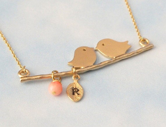 Personalized  Kissing Bird  with Coral Necklace, Branch Necklace - Birthday Gift Necklace, Girlfriend Gift, Mom Gift