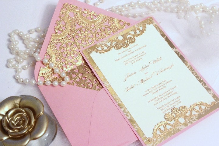 Wedding Invitation vintage Gold Lace Blush Pink Ivory