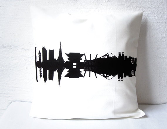 Tokyo City Throw Pillow Cushion Cover - 100% Cotton Twill - Tokyo City Skyline - hand screenprinted delicate chocolate