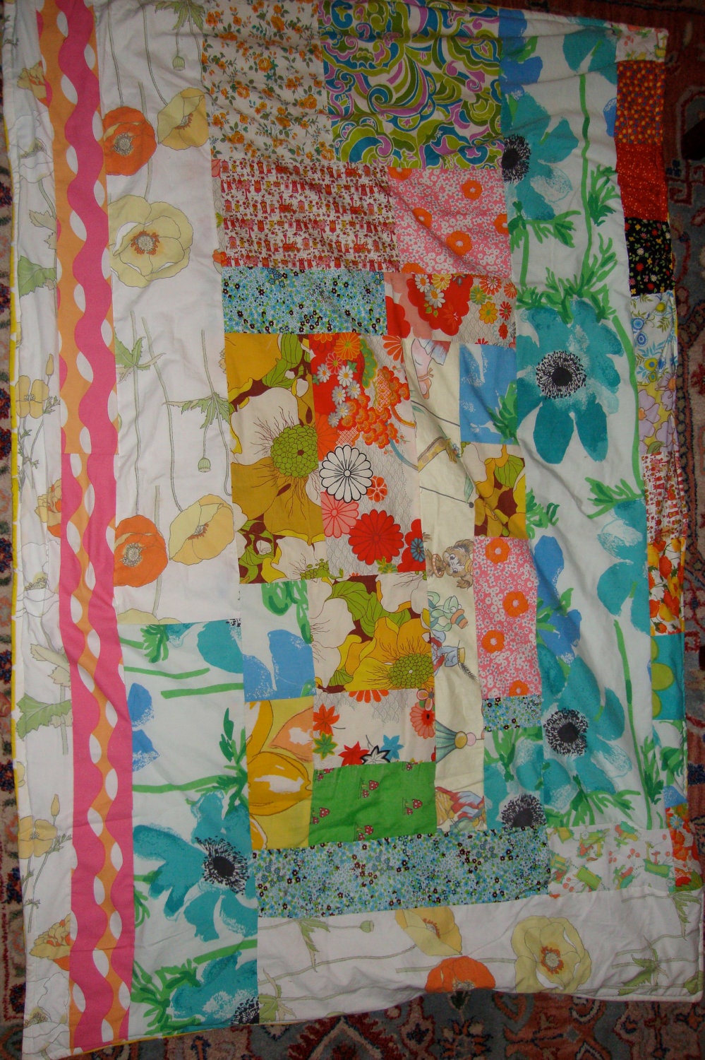 Crazy Quilt Throw Made with Vintage Fabrics Pair of Mod Cuckoo Birds on Reverse Side