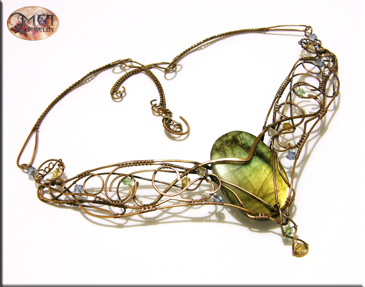 SOLD can ORDER similar Babylon II- wire wrapped necklace, big labradorite, Swarovski Crystals, handmade, copper, wirework