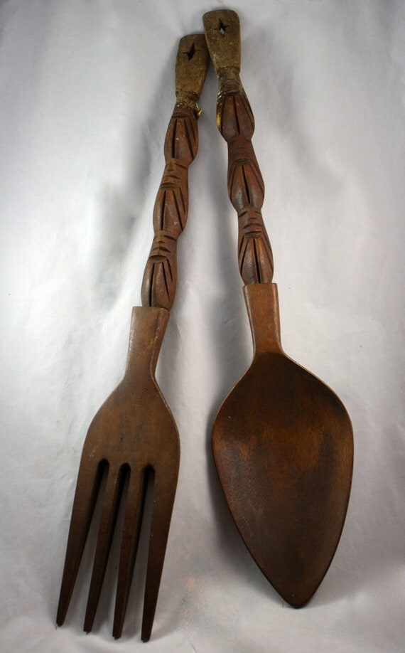 Vintage HAND CARVED WOODEN Fork and Spoon by LuckySevenVintage