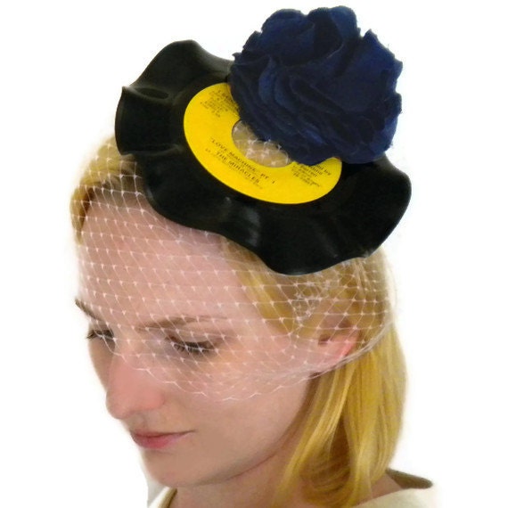Custom Bridal Birdcage Veil Fascinator, Rockabilly Music Record Wedding Headpiece