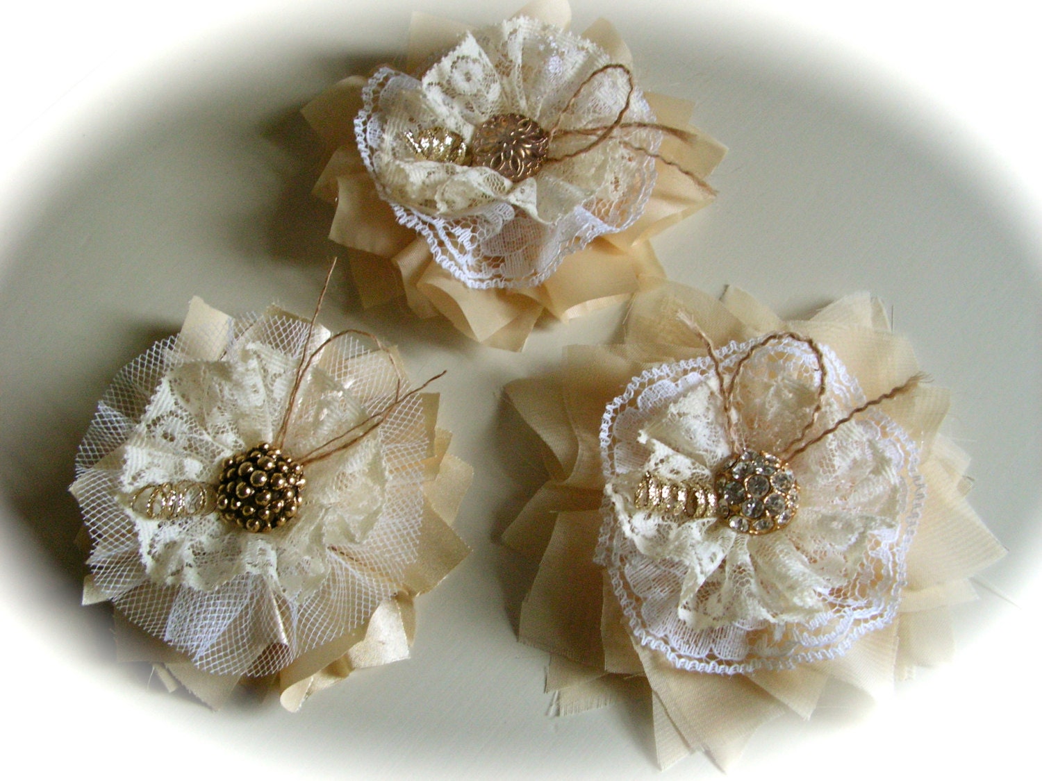 Rustic Shabby Chic Yellow  Lace Fabric ,  Flowers Rosettes ,Wedding Decor Set of 3