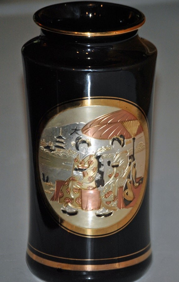 Black Japanese vase with CHOKIN artwork by NanaNostalgia on Etsy