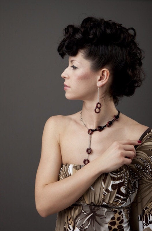 Women's Jewelry - Wood/Leather necklace with matching earrings