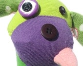 Handmade Upcycled Plush Funny Dog Sock Toy Stuffed Animal Sammy Starlight Lime Green and Purple - Fuffalumps