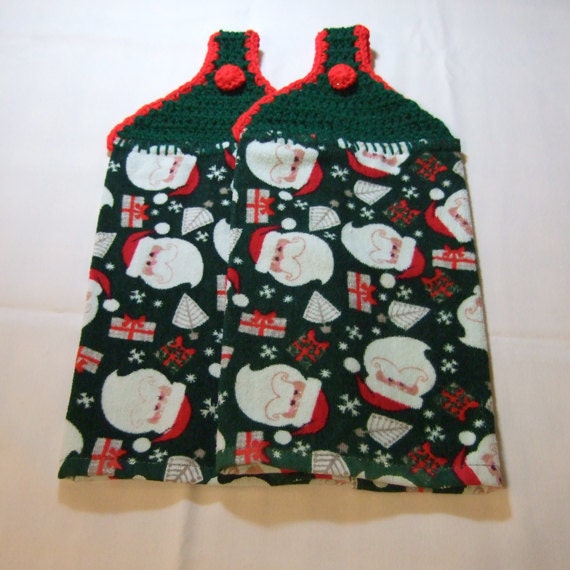 RESERVED LISTING: Green and Red Christmas Santa Hanging Kitchen Towels----set of 2