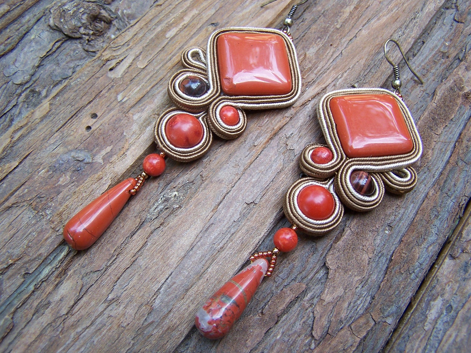 Reserved to Lisa! Soutache Jewelry. Red Jasper Earring. Autumn colors. Brick red, light and dark brown. OOAK.