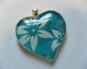 OOAK Teal Flower Floral Heart Recycled Material Glass Tile Pendant Upcycled Paper Necklace Turquoise Silver Daisy Repurposed Jewelry