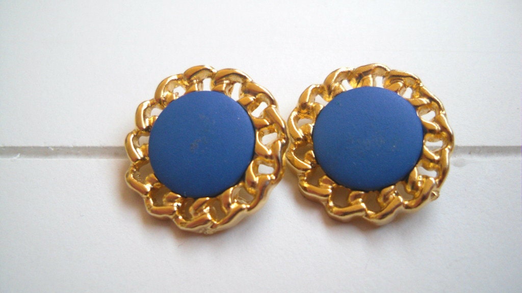 Nautical Cute Gold and Blue Post Stud Earrings, Sailor, Sea, Chain, Travel, Kitsch