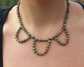 Pink and Olive Green Polished Unakite Gemstones and Shiny Hematite Tier Looped Necklace OOAK Natural Jewelry For Women From Mother Earth