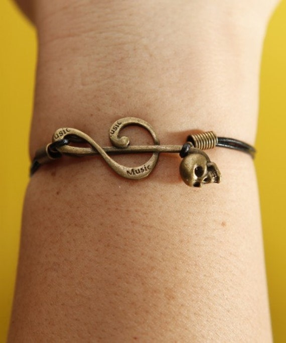 Antique bronze small skull bracelet,black leather cord bracelet,best gift for girlfriend