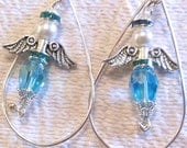 161 - Angel Earrings, Large Silver Teardrop Form, Aqua Blue Crystal, White Glass Pearl Round and Aqua Spacer, Silver Wings