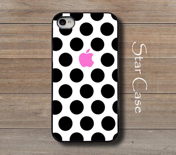 iPhone 4/ 4s and 5 Case - Black Polka Dots With Pink Apple - Cell Phone Cover - iPhone Hard Case - Girly Fashion Christmas Gift For Her
