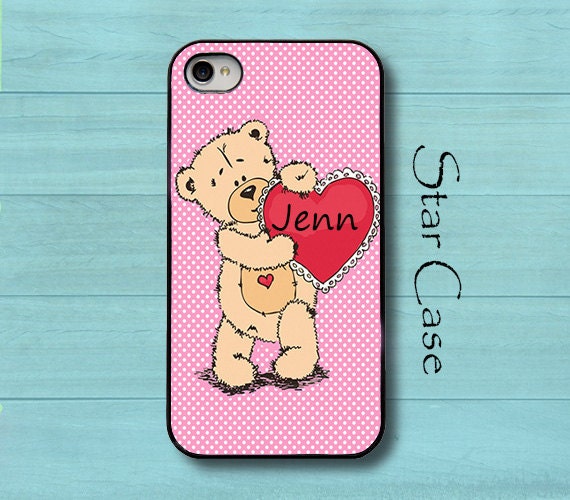 Personalized iPhone 4/ 4s and 5 Case - Teddy Bear Love With Name or Monogramm on Tiny Polka Dots - iPhone Hard Case- Cell Phone Cover