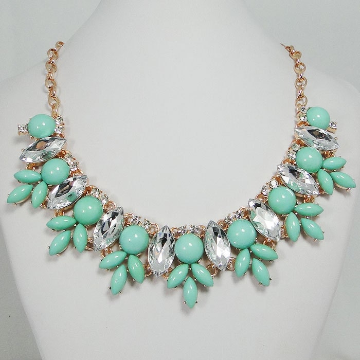 NEW High Quality Handmade Rhinestone Crystal Necklace, Blue Turquoise Bubble Bib Statement Necklace, Cluster Chunky Necklace-117514717